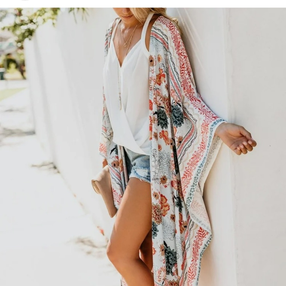 Womens Floral Sheer Kimono Cover-Up Layering Top Coastal